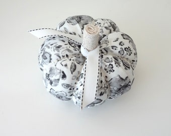 Black and White Watercolor Floral Fabric Pumpkin Pincushion, Fabric Pumpkin, Fabric Pincushion, Black and White