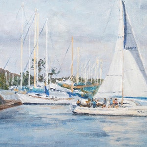 May include: A painting of a harbor scene with sailboats docked. The sailboats are white with blue accents. The water is a light blue color. The sky is a light gray color.