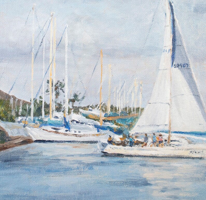 May include: A painting of a harbor scene with sailboats docked. The sailboats are white with blue accents. The water is a light blue color. The sky is a light gray color.