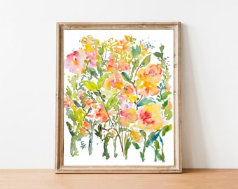 Floral Medley No2, Watercolor Flowers Fine Art Print 8x10, Yellow, Orange and Green, Spring Flowers