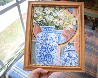 Blue and White Vase in Mirror, Original Acrylic Painting with Frame, 8x10, Framed Artwork