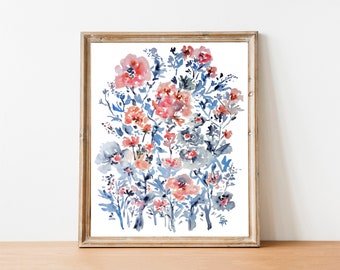 Blue and Red, Watercolor Flowers, Fine Art Print, 8x10, 11x14, 16x20