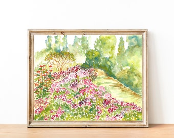 Garden Path, Watercolor Garden Fine Art Print, Garden Watercolor, Watercolor Flowers