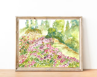 Garden Path, Watercolor Garden Fine Art Print, Garden Watercolor, Watercolor Flowers