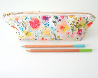 Watercolor Floral Pen or Pencil Case, Zippered Case, Watercolor Fabric, Cosmetic Pouch, Back to School Supplies