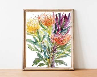 Watercolor Proteas, Fine Art Print, Watercolor Flowers, 8x10, 9x12, 11x14