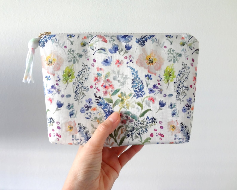 Watercolor Floral Cosmetic Pouch, Floral Make-Up Bag, Watercolor Designer Fabric, Cosmetic Bag image 1