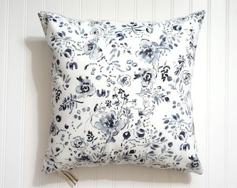 Indigo Floral Pillow Cover, Designer Fabric Pillow Cover, Farmhouse Decor, Cottage Decor, 18x18, 20x20, 22x22, 24x24, Lumbar