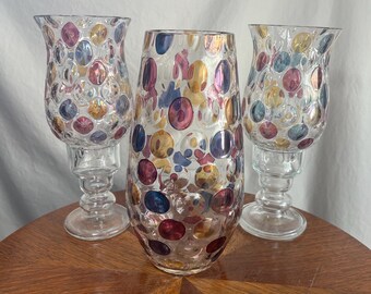 Vintage Handblown Art Glass Vases Set, Colorful Polka Dot Decor