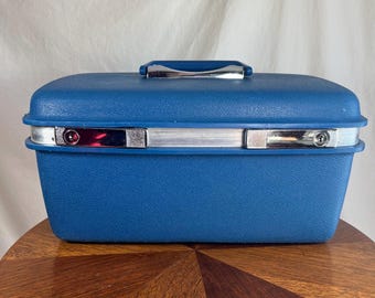 Vintage Samsonite Train Case | Blue Hard Shell Makeup Box, Mirror & Tray