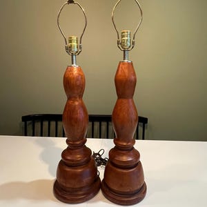 Pair of Vintage 29” Turned Wood Table Lamps - Mid Century Wooden Bases with Brass Harps & Sockets