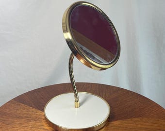 Lustro toaletkowe z mosiądzu w stylu vintage z podstawą typu gooseneck, dwustronne lustro rozkładane, lustro stołowe w stylu mid-century modern, styl Hollywood Regency Dec