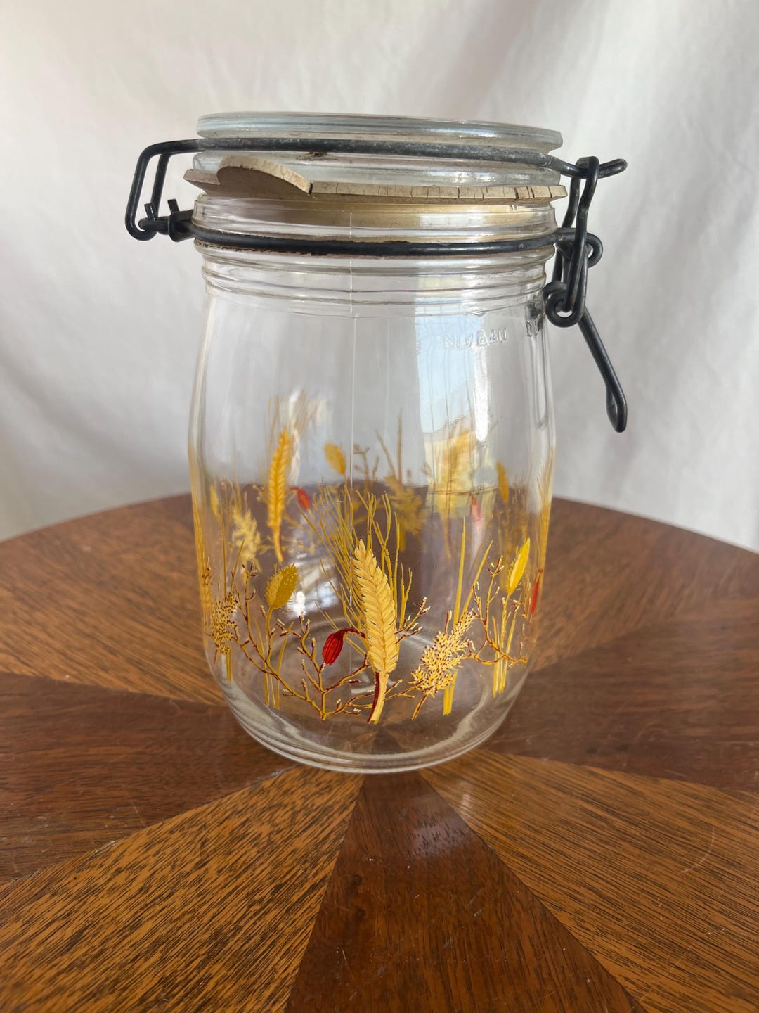 vintage-french-wheat-glass-jar-mid-century-clamp-top-canister-etsy