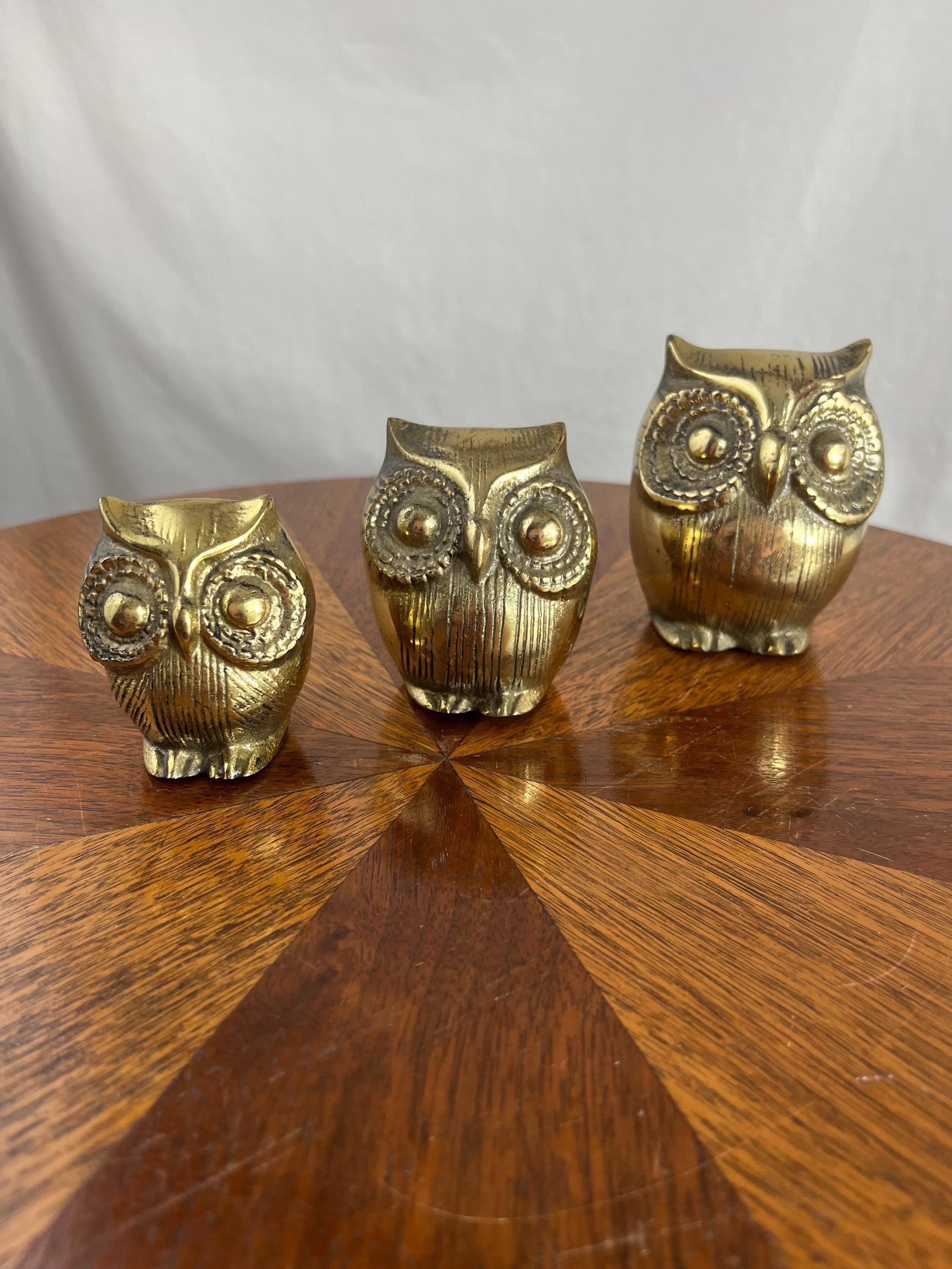 Vintage Brass Owl Figurines Set of 3 - Mid Century Modern Home Decor - Graduated Size Golden Owls - 