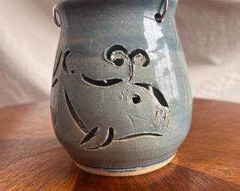 Ceramic Fish and Whale Hanging Candle Holder, 1970s Style, Artist-signed, Handcrafted Pottery Tealight Lantern
