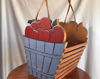 Vintage Wood Apple Basket, Handled Farmhouse Fruit Tote Rustic Fall Decor