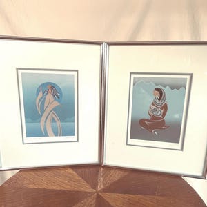 Litografia firmata Maxine Noel – Arte indigena con cornice vintage, anni '80