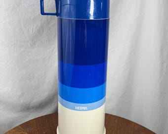 Vintage 1980s Thermos: Blue Striped Insulated Bottle, Mid Century Modern