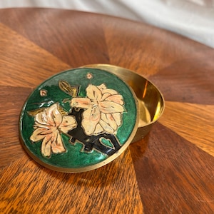 Vintage Brass Enamel Trinket Box: Hand-Painted Floral Lid, Vanity Decor