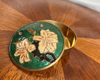 Vintage Brass Enamel Trinket Box: Hand-Painted Floral Lid, Vanity Decor