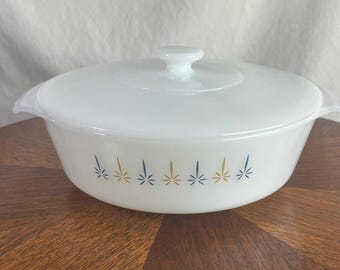 Vintage Atomic Starburst Casserole Dish: Fire King Candle Glow Milk Glass
