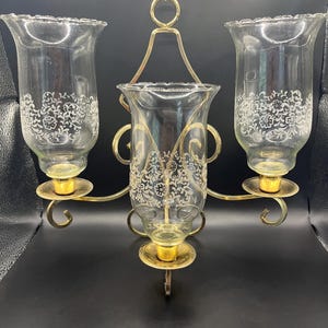Vintage Brass Hurricane Candle Holder Centerpiece: Etched Glass, Scroll Candelabra