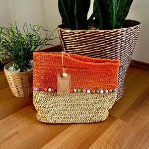Paper Yarn Bag, Straw Bag, Raffia Bag, Crochet Bag, Handbag, Summer Bag, Beach Bag, Beige Bag, Orange Bag