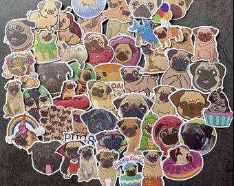 50 Pcs Cute Pug Stickers, Cartoon Dog Decals