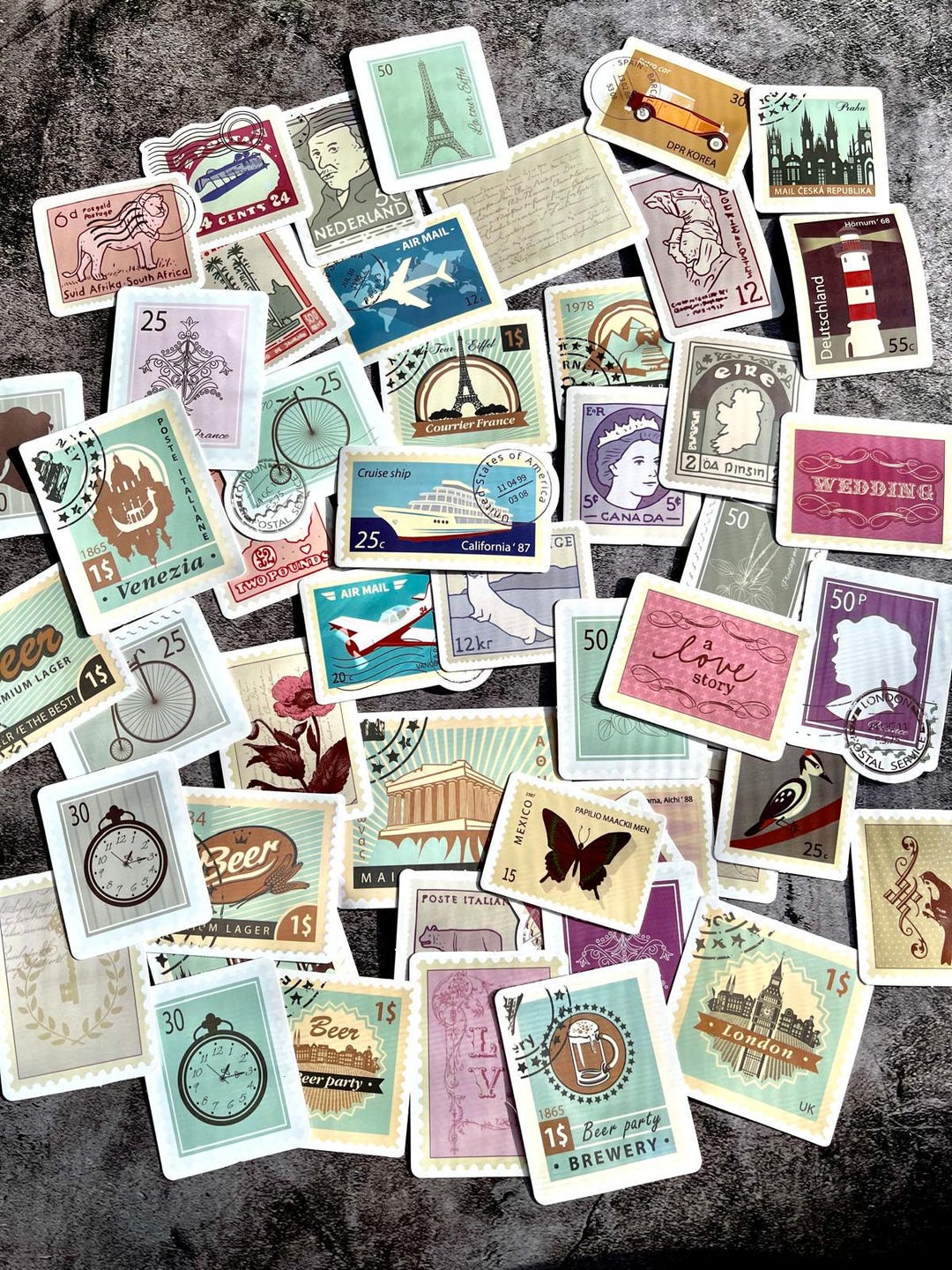 50 Vintage Stamp Stickers | Retro Travel Ephemera Stickers ...