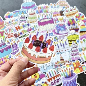 50pcs Birthday Cake Stickers Cute Party Sticker Pack, Kawaii Cake Designs Vinyl Waterproof, Journaling, Scrapbooking, Laptop, Gift Bag Decor
