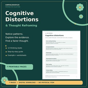 May include: A dark green digital printable PDF collection titled Cognitive Distortions & Thought Reframing. The document features 7 pages, 12 thinking styles, a step-by-step guide, and worksheets. It includes text about noticing patterns and reframing thoughts.