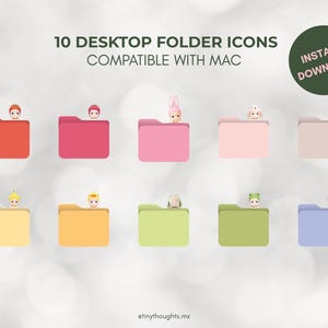 May include: Ten colorful desktop folder icons compatible with Mac, each with a unique character design. The folders are in shades of red, pink, yellow, green, and blue. The image includes the text "10 Desktop Folder Icons Compatible with Mac" and "Instant Download."