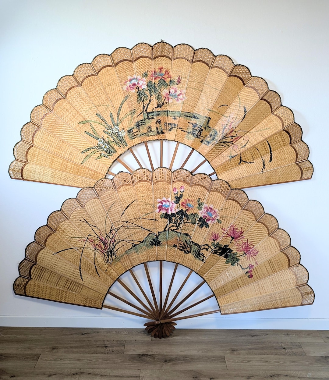 XL Woven Wall Fan • Vintage Bamboo Wall Art • Asian Floral Decorative ...