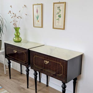 Pair of Vintage Italian Nightstands with Marble Tops – Dark Wood Bedside Tables, Mid-Century Side Cabinets, Elegant Bedroom Furniture