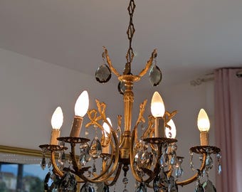 Vintage Italian Chandelier –  – Brass & Crystal Mid Century Light – 6 Arm Pendant – Romantic Ceiling Light - Hollywood Regency - Rare Find