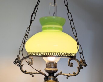 Antique Italian Hanging Oil Lamp Chandelier – Floral Porcelain & Brass, Lime Green Glass Shade – Rustic Vintage Pendant Light -Free shipping