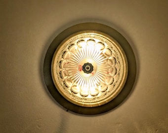 Vintage Flush Mount Glass Ceiling Light – Mid-Century Textured Dome Fixture – Starburst Crystal Look