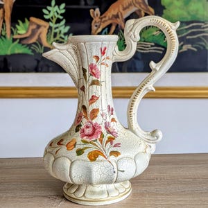 Large Vintage Italian Ceramic Pitcher | Floral Crackle Glaze Jug Vase | Ornate Handled Vase | 40x34 cm Shabby Chic Decor