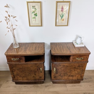 Art Deco Italian Nightstands – Vintage 1930s Walnut Bedside Tables – Pair of Restored Side Cabinets with Brass Handles