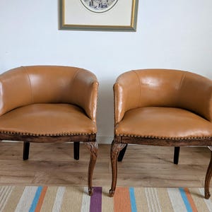 Restored Vintage Italian Club Chair – Cognac Faux Leather, Carved Wood Legs – Mid Century – 1950s Armchair