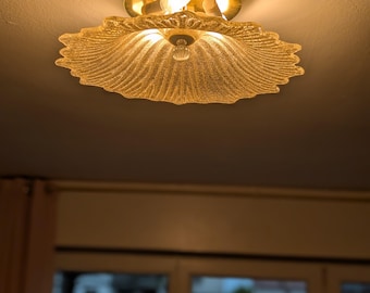 Vintage Murano Style Flush Mount Ceiling Light – Textured Amber Glass, Italian 70s Style Lamp, Floral Shell Design