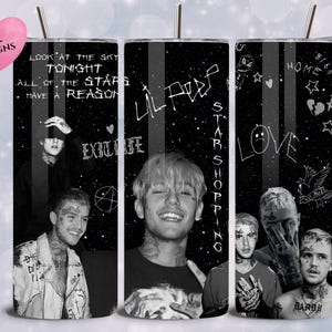 May include: Three black and white tumbler cups with different designs. The first cup has the text "Look at the sky tonight, all of the stars have a reason." The second cup has the text "Lil Peep" and "Starshopping". The third cup has the text "Love" and "Home".