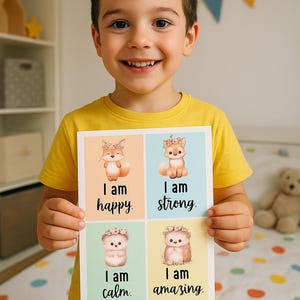 12 Woodland animals, I am Affirmation Card for kids – Daily Positive Quotes– class decor ,  printable cards for kids