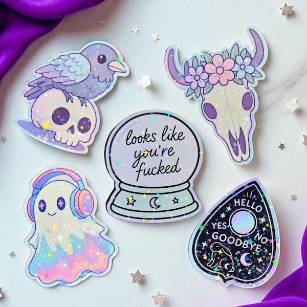 Pegatinas holográficas místicas: fantasma gótico adorable, humor oculto, ambiente de bruja, bola de cristal, calavera de cuervo