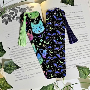 Witchy Cat & Bat Bookmark Set: Pastel Goth Halloween, Laminated with Tassel