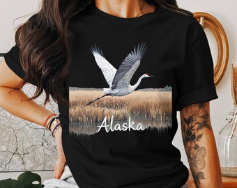 Alaska vogel natuurfotografie kraan T-shirt, wildernis Wildlife Art Tee, schilderachtige vogels kijken grafisch shirt, cadeau voor natuurliefhebbers