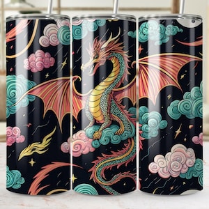 May include: A stainless steel tumbler with a black background and a colorful dragon design. The dragon is flying through the clouds and has red, yellow, and green scales. The clouds are pink, blue, and green.