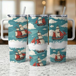 Sailing Ship 40 oz Tumbler Wrap for Sublimation, Pirate Theme Tumbler Design, Ocean Vessel Full Wrap, DIY Tumbler, Printable Tumbler