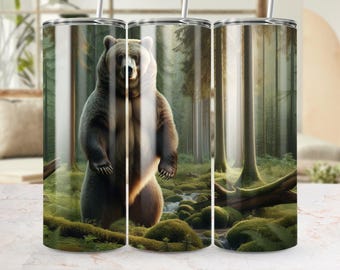 Scène animale de l'Alaska, emballage de verre PNG, 20 oz, emballage de verre ours, emballage de verre design forêt, téléchargement numérique PNG