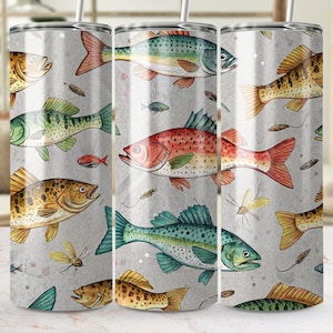 Fish Design 20 oz Skinny Tumbler Wraps, Colorful Fishing Tumbler Sublimation, Custom Fishing Tumbler for Anglers, Fisherman Gift